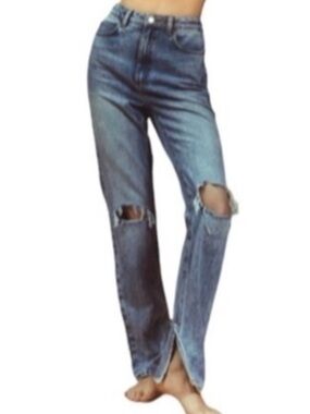 AVEC LES FILLES HIGH RISE BLUE DENIM DISTRESSED RAW SPLIT HEM MOM JEANS 30